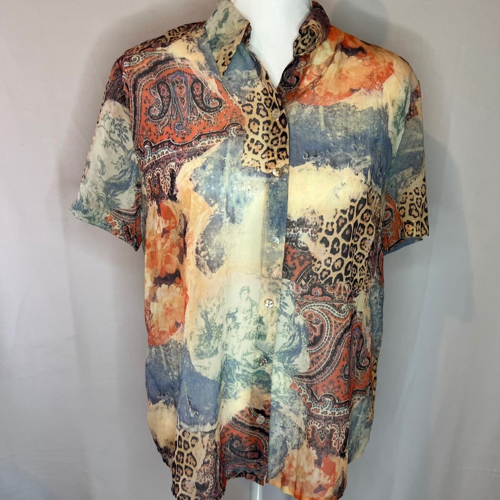 Olsen Europe Mixed Print Button Down Shirt Leopard Paisley Short Sleeve Top
